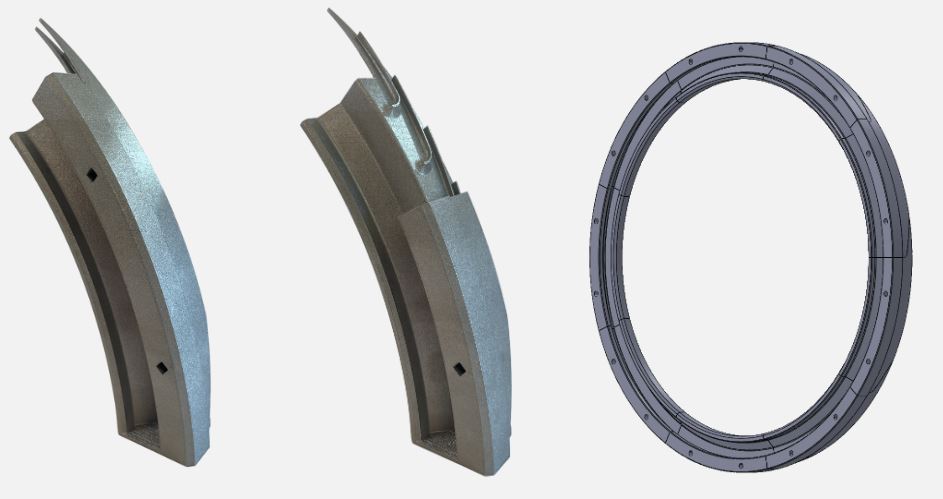Printed Pre-Swirler using Additive Manufacturing (Two Left Images). CAD of entire Pre-Swirler (Right Image) 