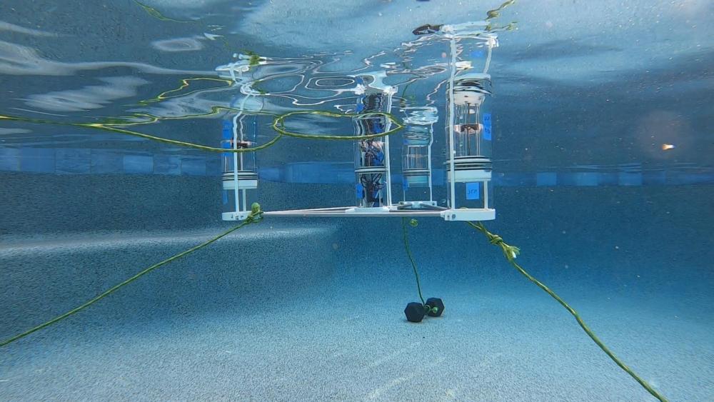 Underwater photo of our system during dynamic testing.