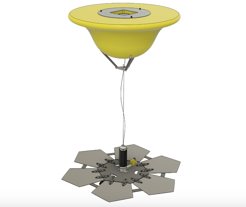 CAD model of Wave Energy Converter system, comprised of a buoy connected via tether down to the heave plate.
