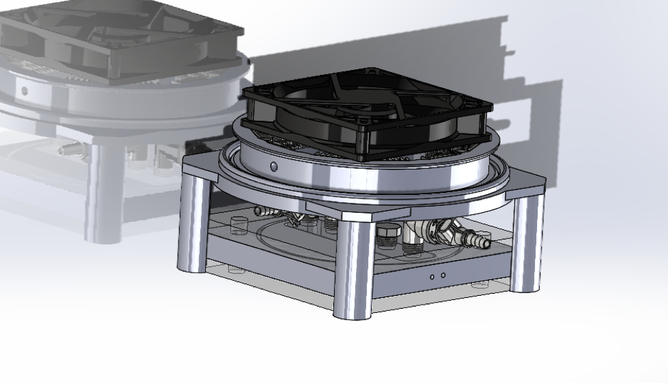 Figure: CAD of the bioreactor culture chamber assembly with integrated coil for concurrent viewing of magnetic field stimulation of cells under tissue culture.