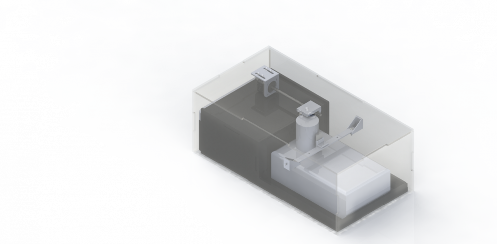 SolidWorks render (isometric view) of the automated solubility project experiment. The main shape is a rectangular prism. Inside, a magnetic stirrer sits in the lower portion, with a beaker resting on top of it. Mounted to the lid of the box is a horizontal rod which holds an RGB sensor. A motor driver is positioned over the top of the beaker, along with three holes.