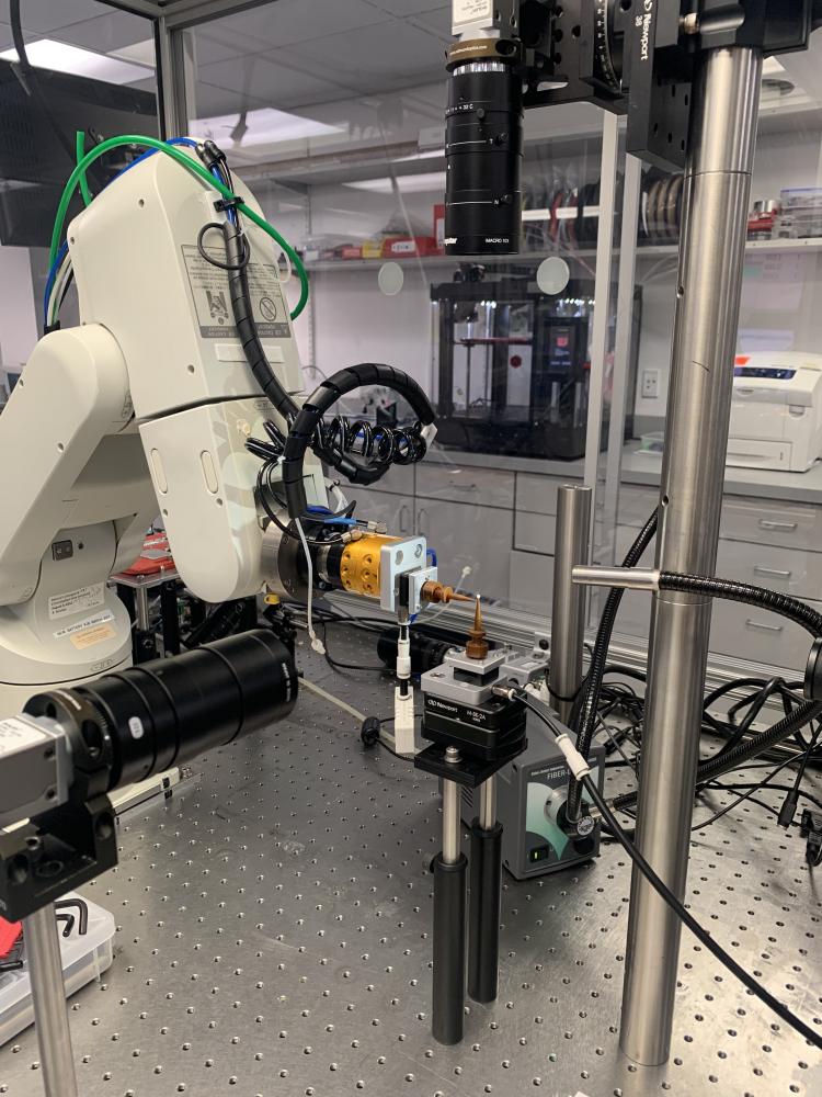 Workstation setup where robotic arm picks up a 2mm capsule, reorients it, and places it back down.