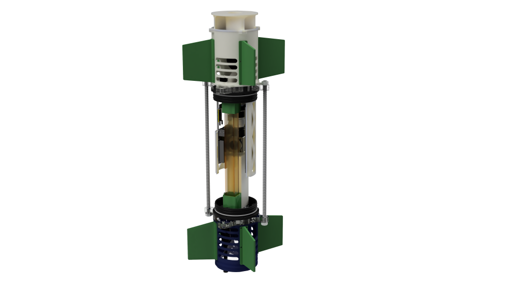 A rendered image of the plankton imaging robot. It is a large cylindrical tube with fins on the outside of the ends and electronic components inside. A flow channel passed through the inside of the waterproof housing.