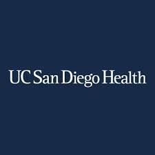 The UC San Diego Health logo. The text reads "UC San Diego Health" in white on a navy blue background.